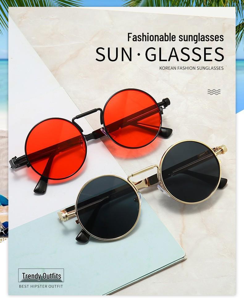Steampunk Retro Round Sunglasses with Spring Temple for Men and Women