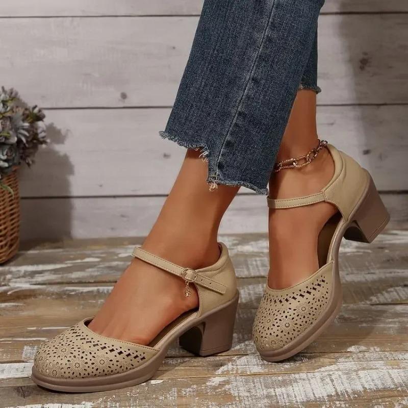 Retro Versatile Women's Sandals Open Toe Hollow out Mid Heel Mom Shoes Buckle Single Shoes Comfortable Rubber Sole Footwear
