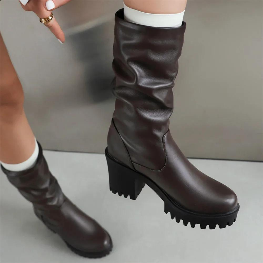 Fashion Fashion Classic Lady Winter Mid Calf Solid Boots Brand High Heel Boots Women Block Heel Platform Round Toe Shoes Woman Black