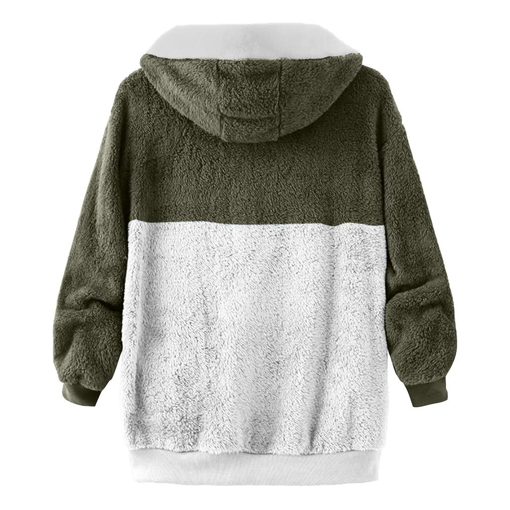 Women's Loose Large Size Plush Multicolor Paneled Hooded Zip Jacket