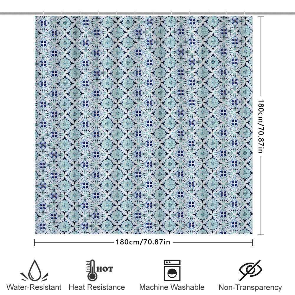 Blue White Geometric Shower Curtain With Floral Pattern For Bathroom Decorations Customizable Sizes Available On  Perf