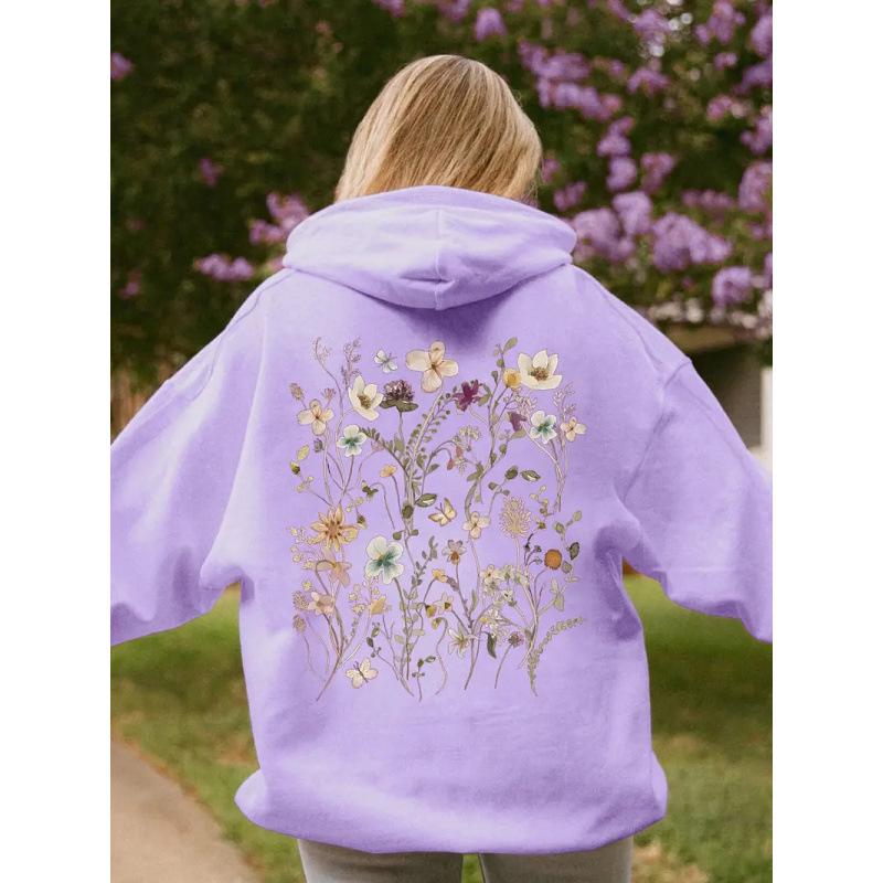 2025 Trendy Floral Print Loose Plus Size Pullover Hoodie Sweatshirt