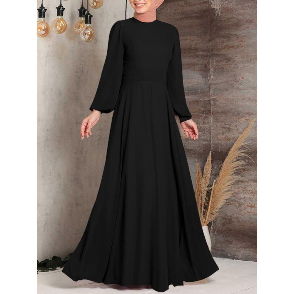 GMXIA Commuter Street Fashion High-waisted A Long Dress with Lantern Sleeves