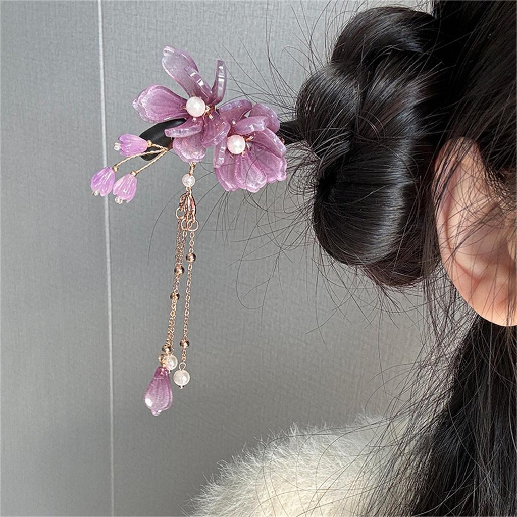 Flower Tassel Hairpin For Women Vintage Wooden Floral Hair Stick Elegant Hanfu Hair Accessories 18cm Updo Meatball Head Hairpins