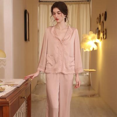 French Lapel Shirt Autumn Ice Silk Long-sleeved Pajamas Two-piece Set Women's Sexy Loose Simple Outwear