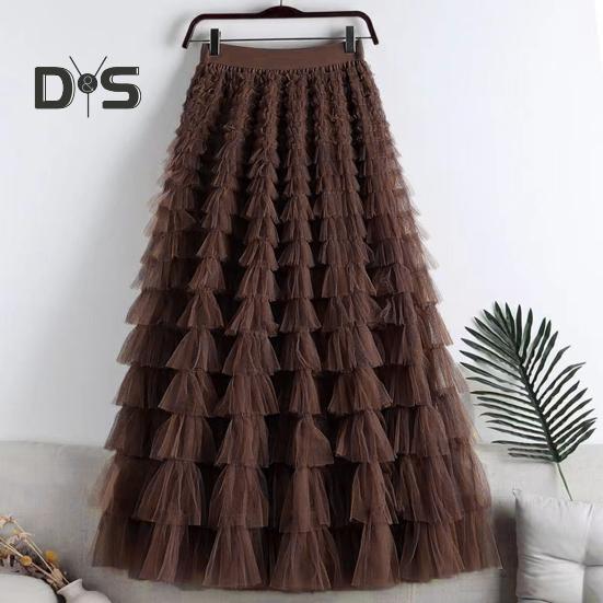 Dámská dortová sukně Jednobarevná sukně středního pasu Dlouhá sukně s elastickým pasem Síťovaný lem A-linii Maxi sukně pro každodenní nošení