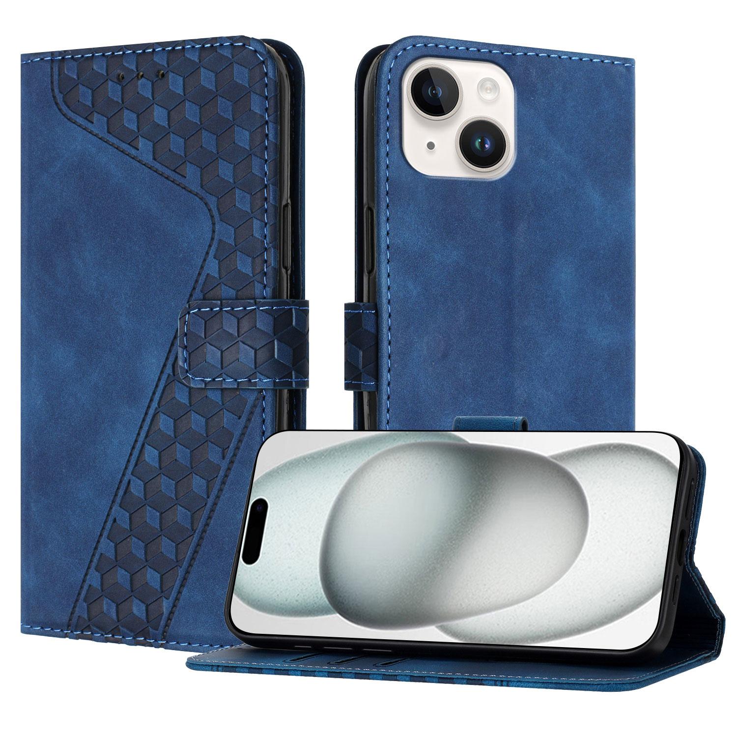 

For iPhone 15 Leather Case 7-Shaped Pattern Wallet Stand Shockproof Phone Cover Blue