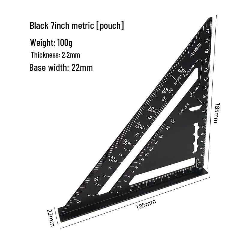 7/12" Aluminum Triangle Ruler: Woodworking, Imperial/Metric, Black Oxide, 90°/45° Right Angles.