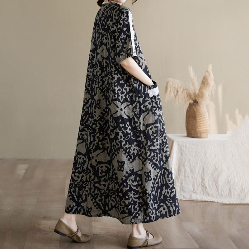 Short sleeve Plus size Cotton linen vintage floral new in dresses for women casual loose long summer dress