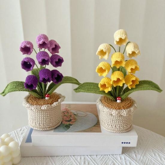 Crocheted Potted Bell Flower Decoration Handmade Knitting Floral Ornament Artificial Hand Woven Flower Home Office Table