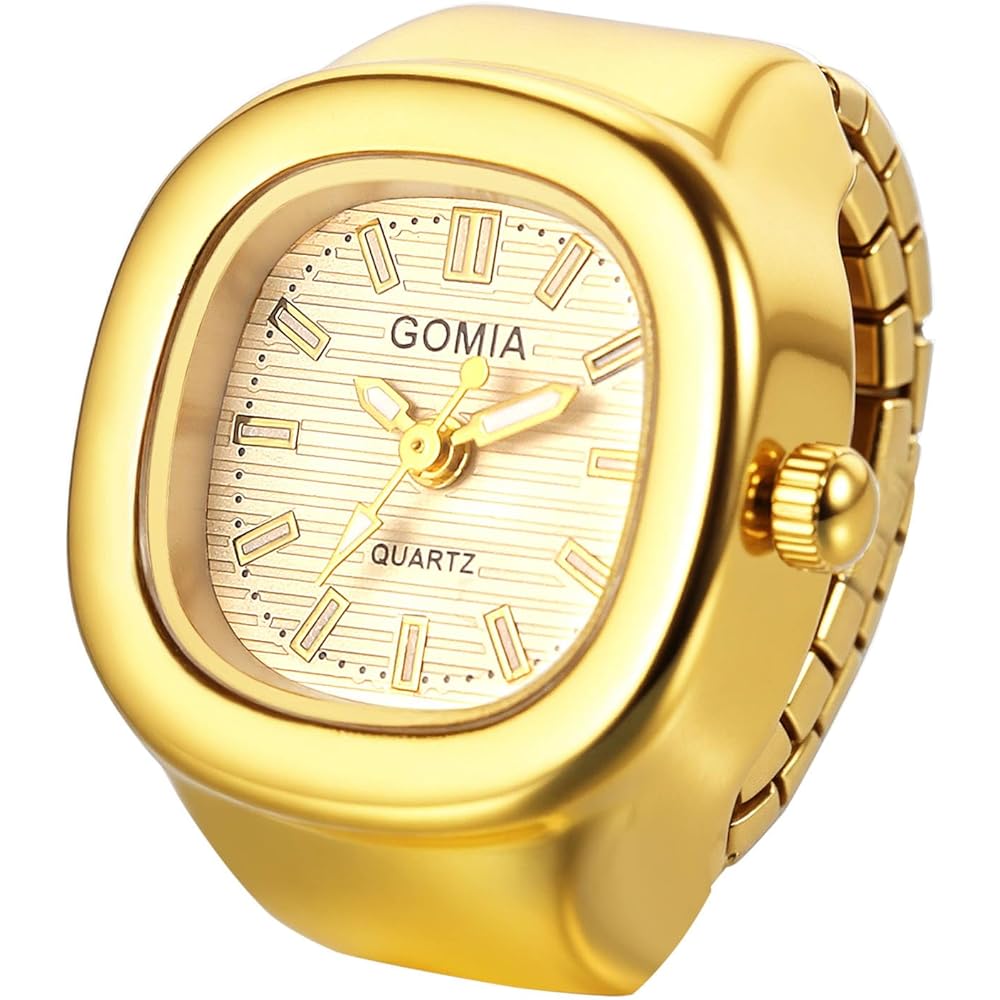 Unisex Square Ring Watch Waterproof Quartz Finger Watch with Elastic Band Gold