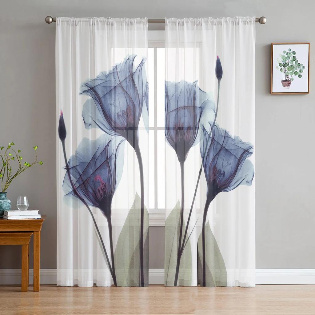 2 Panels Custom Flower Voile Curtain Tulip Pink Purple Flower Print Curtain for Bedroom Living Room Window Curtain Sheer Drape