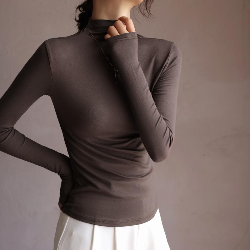 Women's Basic Half-High Neck Base Layer Top Fashionable Long Sleeve T-Shirt Slim Fit Versatile Inner Wear for Autumn