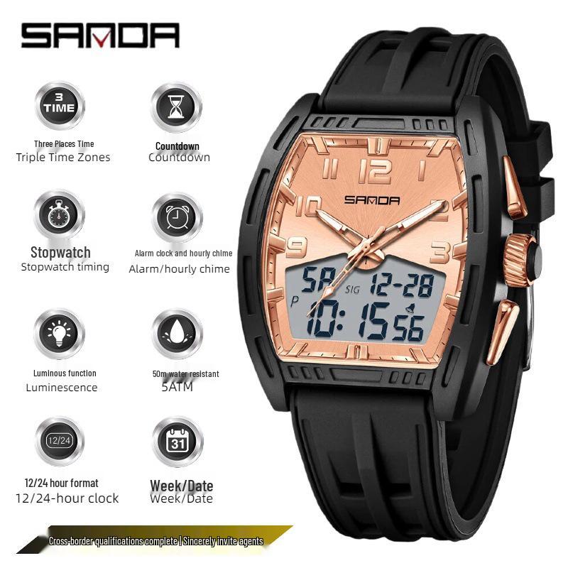 SANDA Men's Waterproof Luminous Sports Watch - Countdown & Multifunctional Barrel-Shaped Electronic Watch with Large Dial