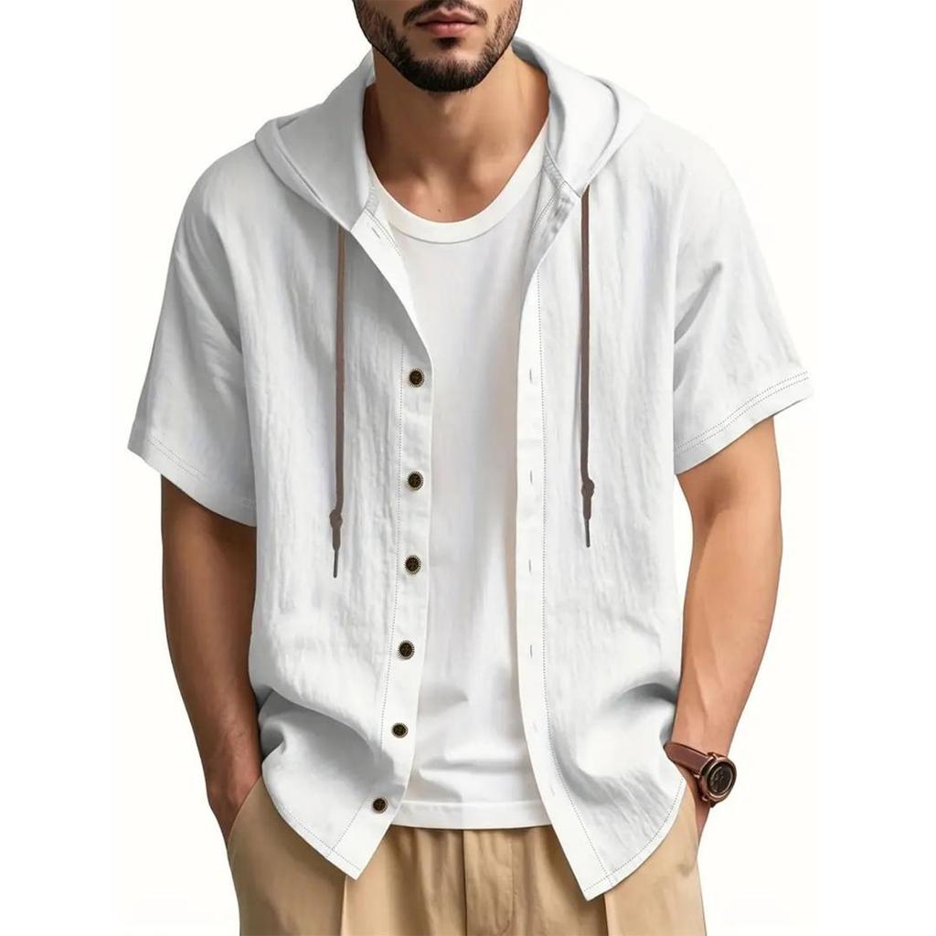 Men's Cotton Linen Shirt Short Sleeve Breathable Lightweight Solid Color Drawstring Hooded Shirts Casual Classic Simple Tops