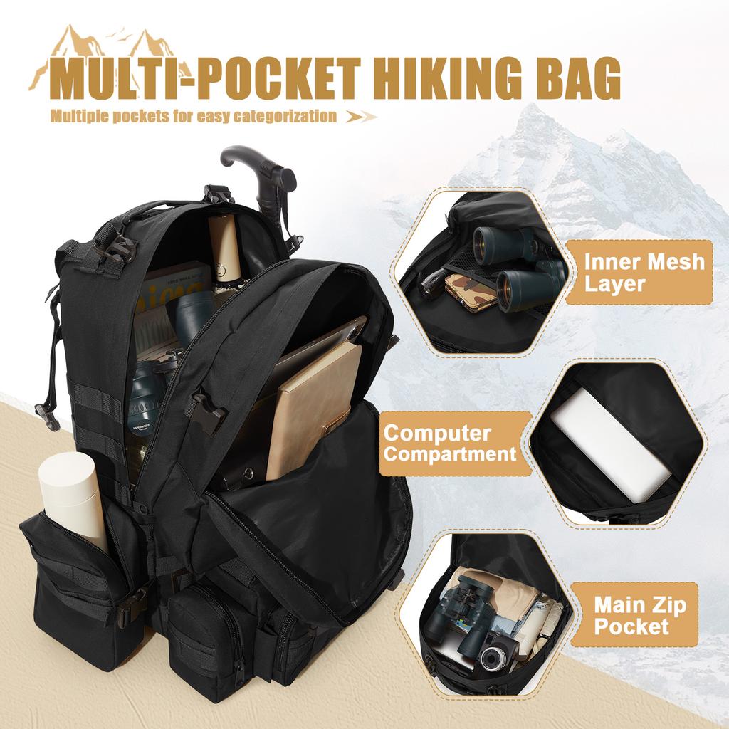 50L Tactical Backpack for Men Mountaineering 3P Assault Pack EDC Molle Survival Bag for Hiking and Hunting