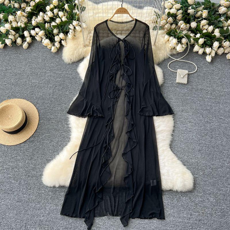 

Fashion Ins Wear Women s Mid Length Long Length Easiest for Match Horn Long Sleeves Gauzy Cardigan Lace-up Ruffled Shawl Large Coat