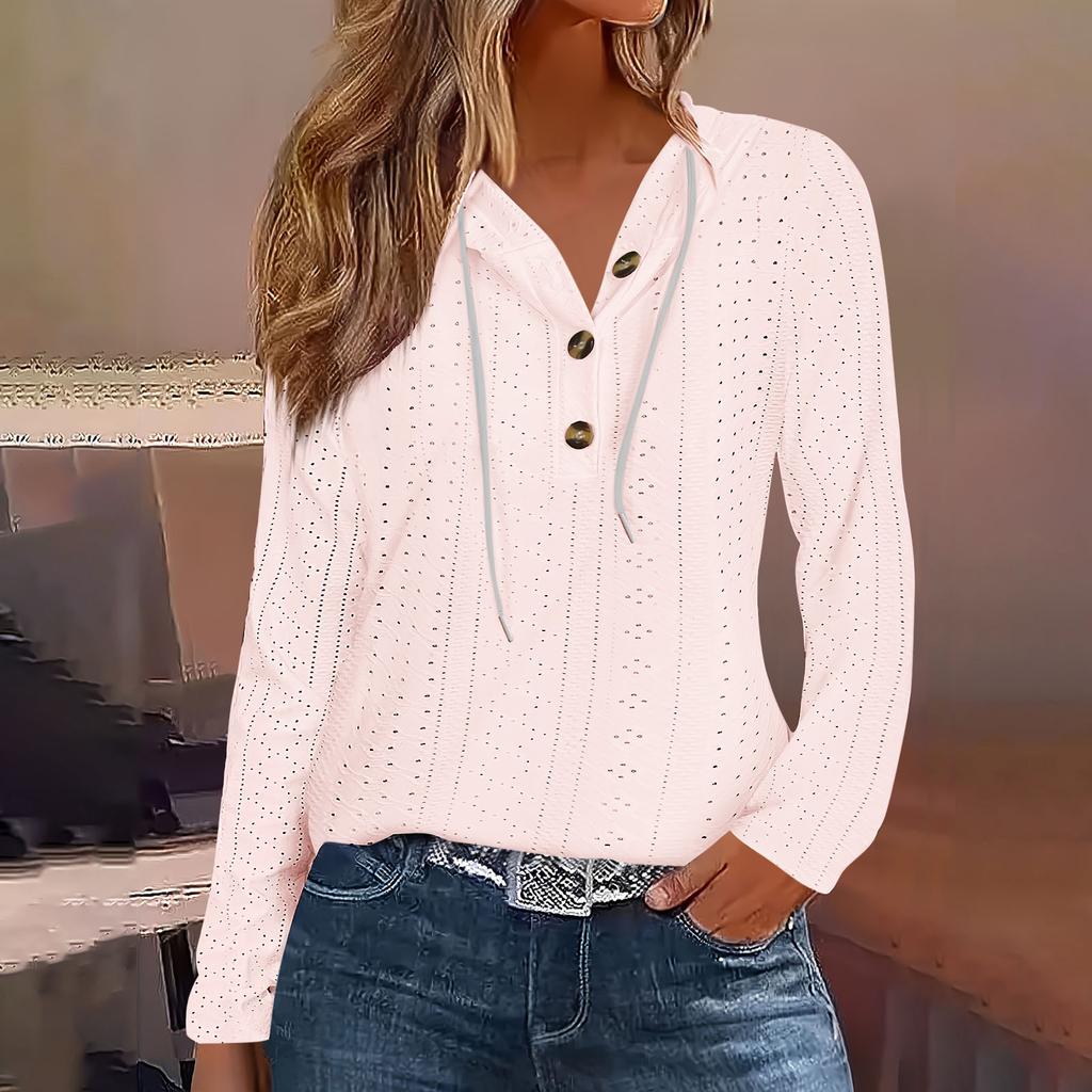 Fashion Women's Hoodie Knit Drawstring Button V-neck Long Sleeve Pullover Casual T-shirt