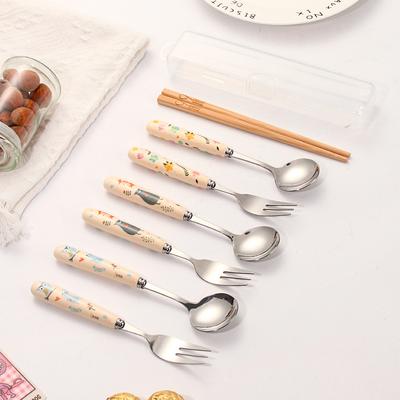 New Stainless Steel Fork, Spoon and Chopsticks Ceramic Handle Cartoon Three-piece Set Student Travel Spoon Chopsticks Portable Tableware Set