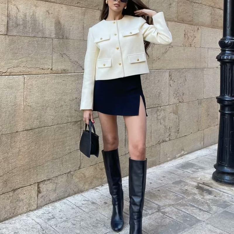 Women Fashion Autumn Winter Single-breasted Textured Round Neck Flip Pocket Short Jacket Coat Chic Ladies Tops Mujer