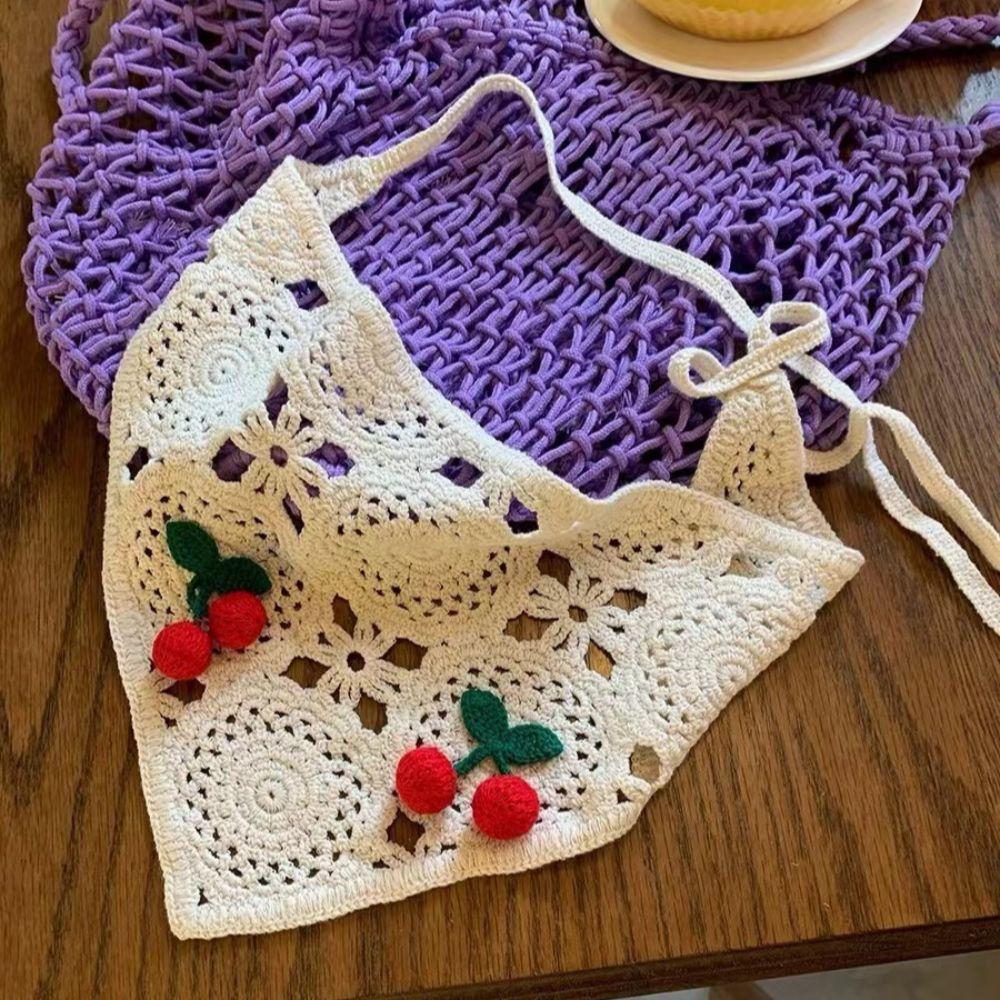 Knitted Triangle Headband Cute Little Cherry French Pastoral Style Headband Towel Handmade Crochet Headscarf Hat Girls