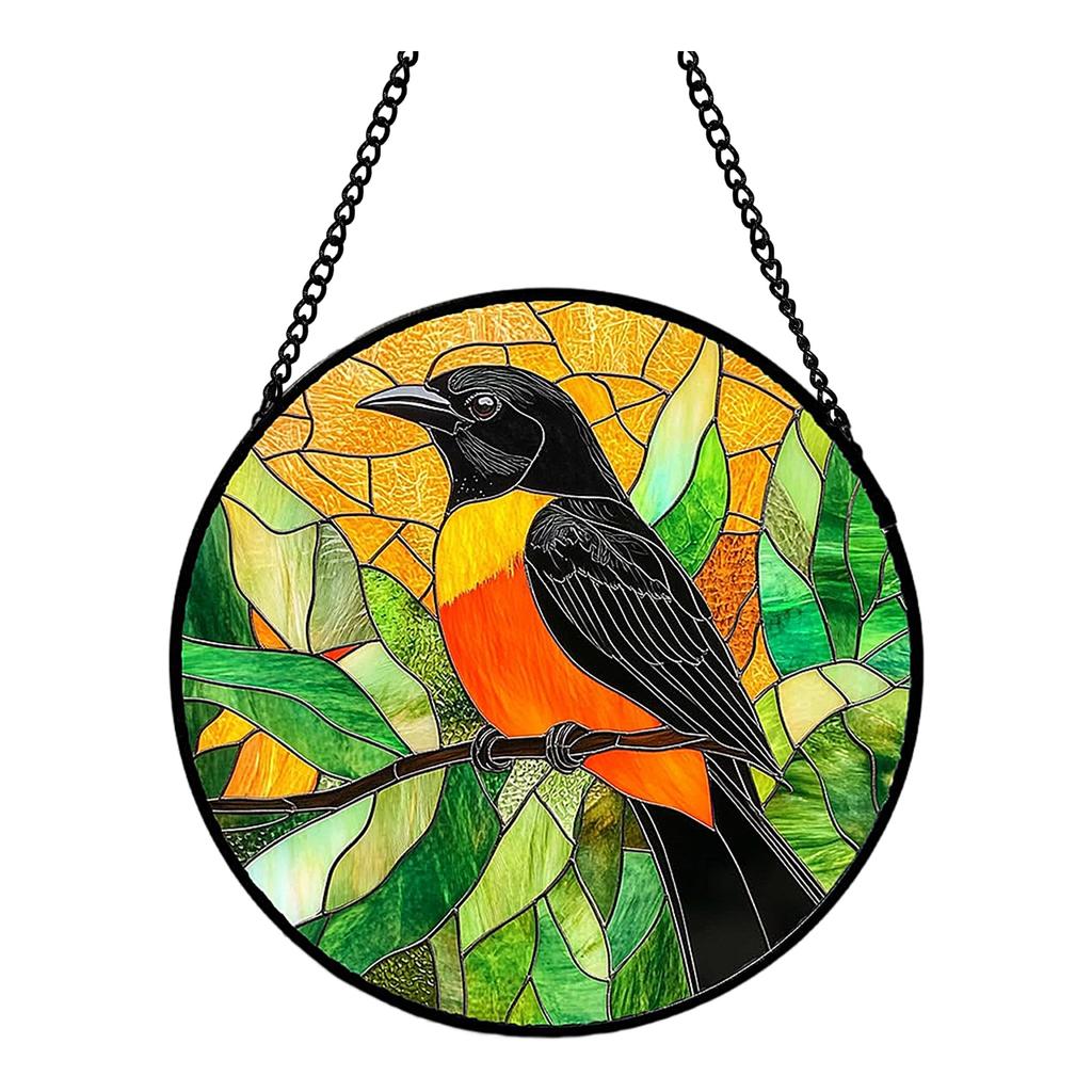 Acrylic Hanging Window Ornament Stained Glass Style Bird Design Round Shape Decorative Suncatcher with Chain for Indoor Outdoor Display