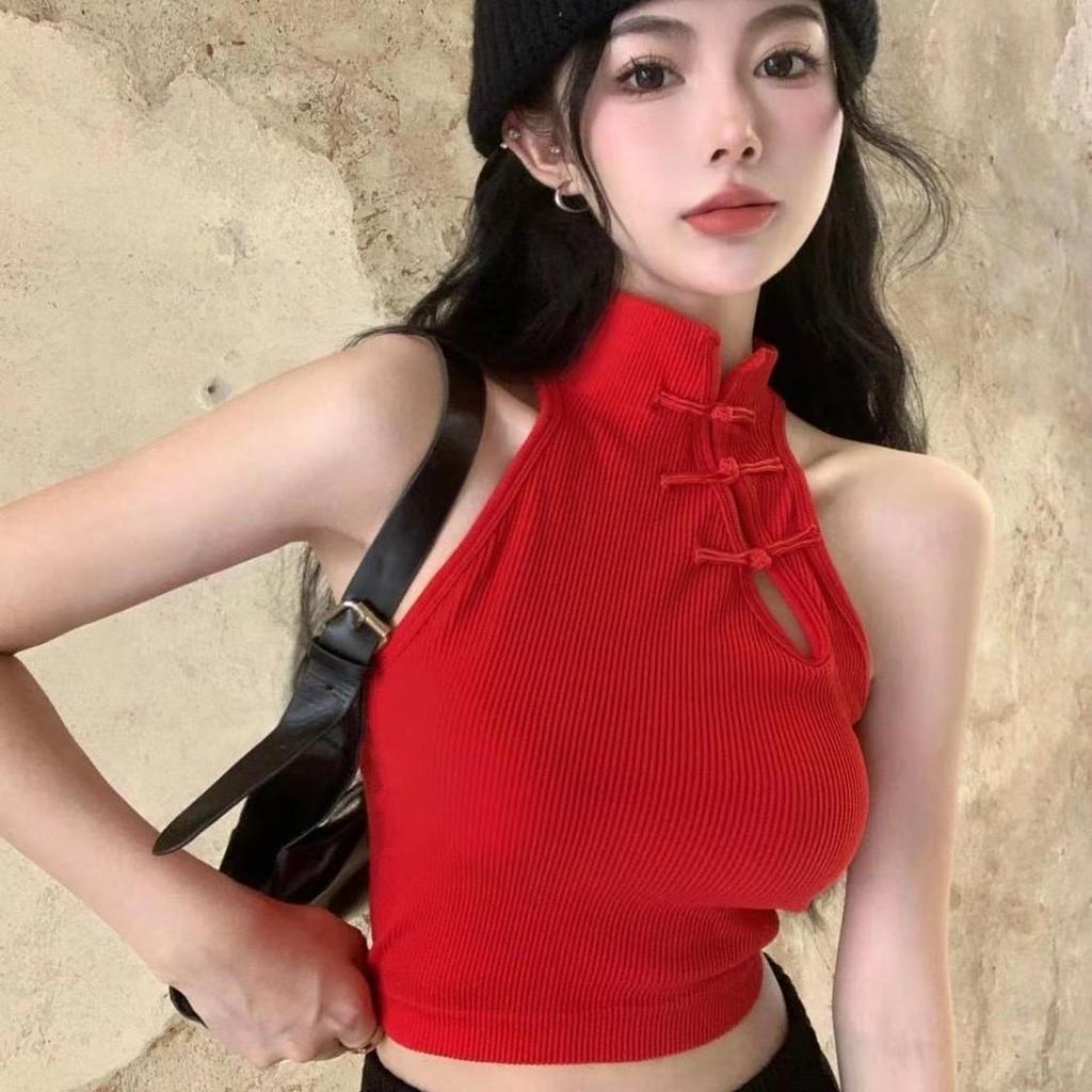 Autumn Retro Cheongsam Buttoned Camisole - Sexy Sleeveless Halter Top for Women