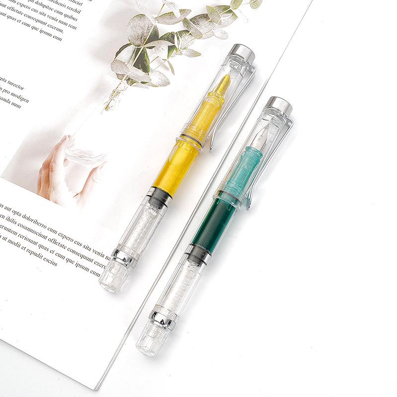 Transparent Slender Gold Fountain Pen with Bent Nib - Fine Point Calligraphy Pen for Students