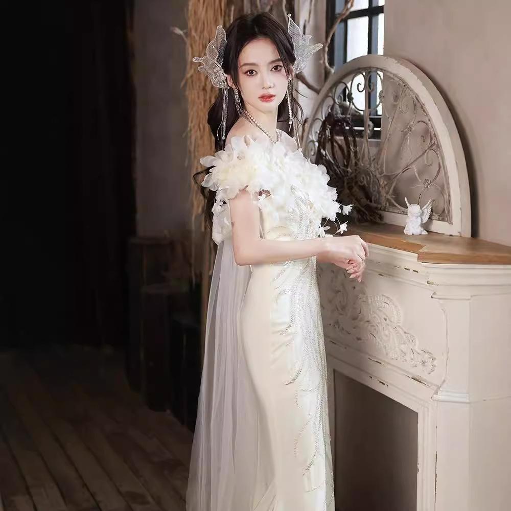 Super Fairy Evening Dress Skirt Light Luxury Niche Style 1011 New One-word Shoulder Fishtail Banquet Temperament White
