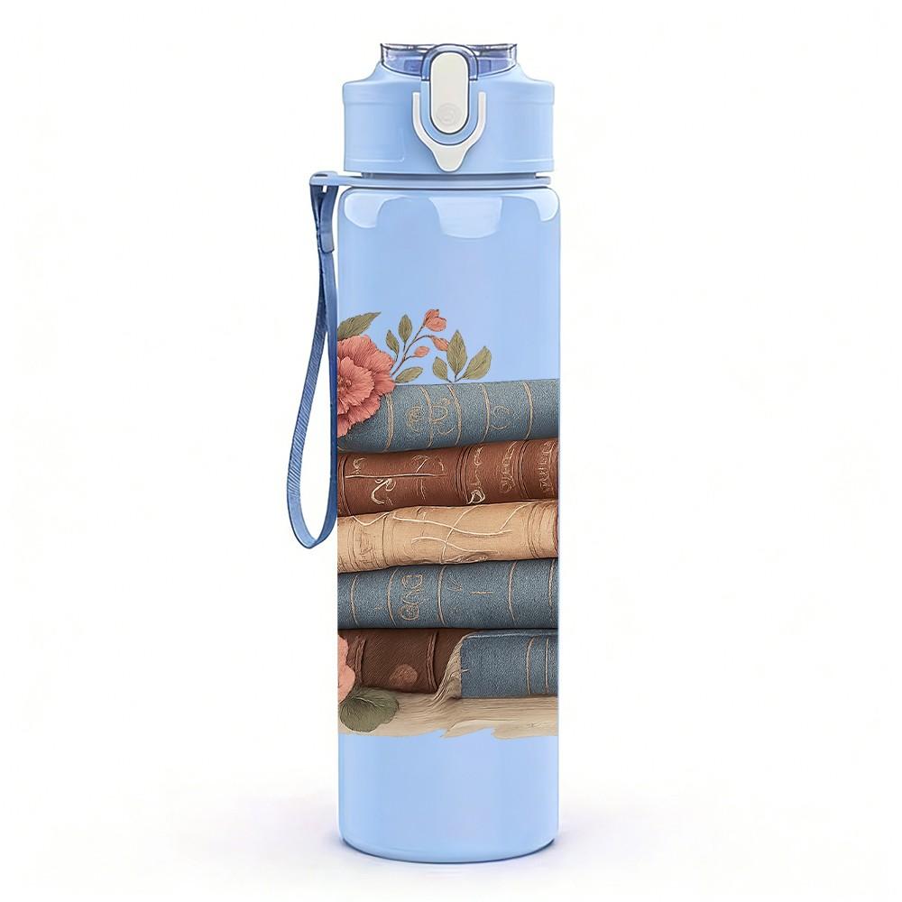 1PC Vintage Stacked Rose Books 750ml Color Plastic Sports Water Bottle Leakproof Flip Straw Lid Suitable for Sports Office Home Use