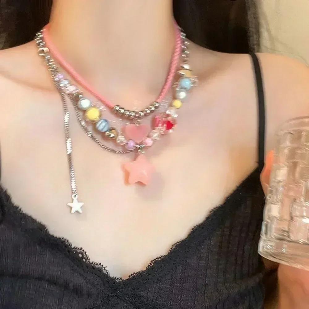 Korean Exquisite Retro Flower Love Heart Beaded Necklace For Women Personality Simple Cool Clavicle Chain Fashion Y2K Jewelry