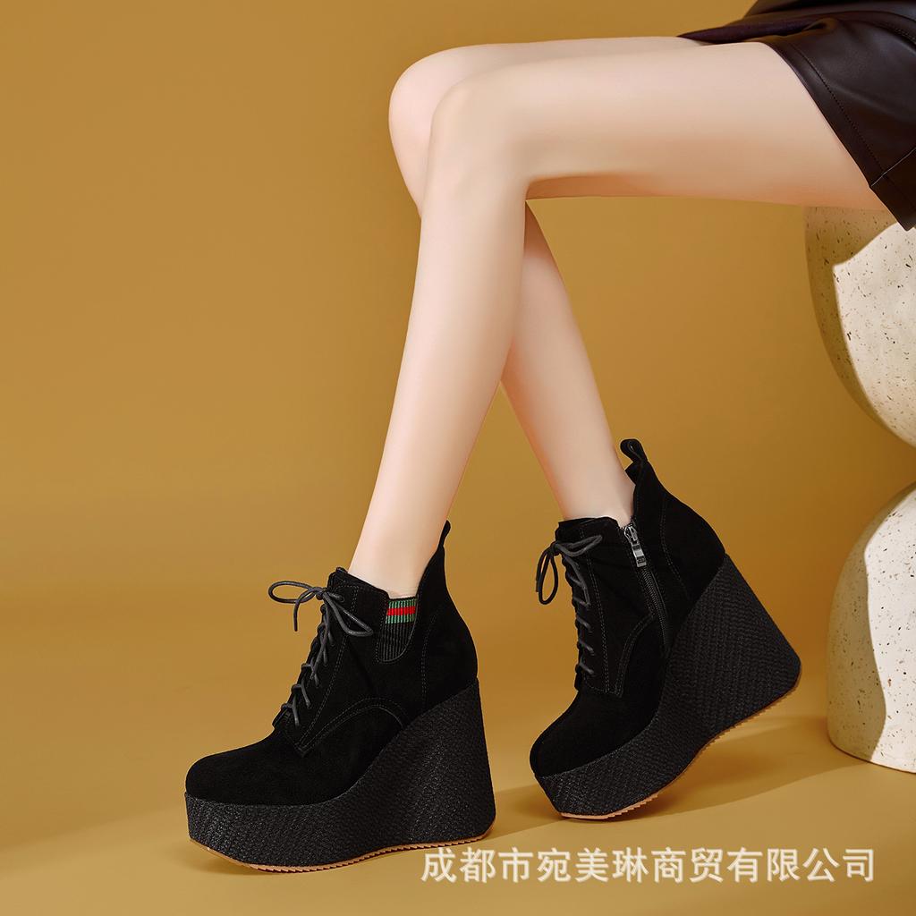 Leather wedged Martin boots women's 2025 autumn and winter new leather platform short boots retro not tired feet super high heel boots