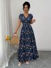 Europäisches & Amerikanisches V-Ausschnitt Schnür-Kurzarmkleid, Sommer Taillenbetonendes Langes Bedrucktes Modell für Damen