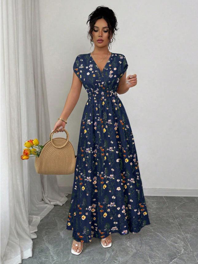 Europäisches & Amerikanisches V-Ausschnitt Schnür-Kurzarmkleid, Sommer Taillenbetonendes Langes Bedrucktes Modell für Damen