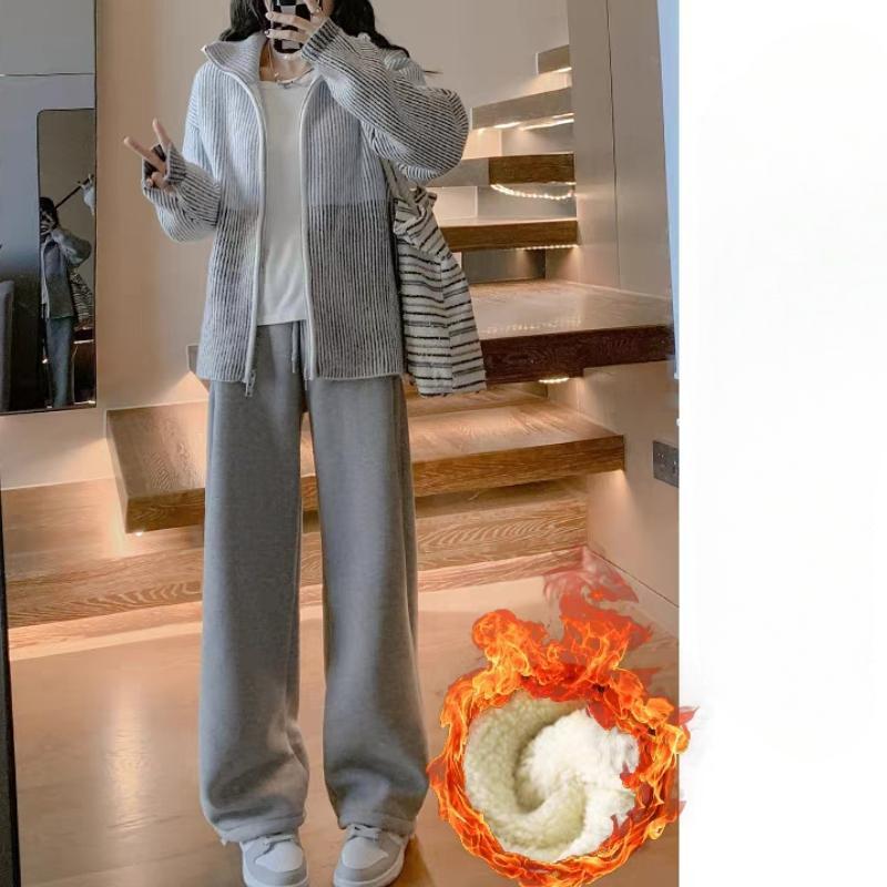 White-gray Plus Velvet Sweatpants Women's Autumn and Winter High-waisted Wide-leg Loose-fitting Leggings Thickened Lamb Fleece Outer Cotton Pants