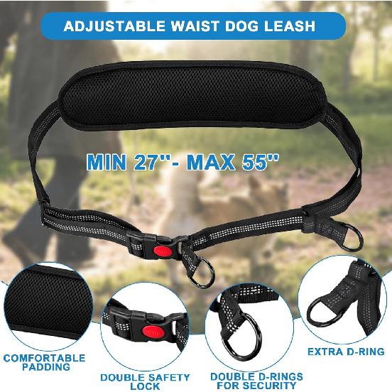 Hands Free Dog Leash for 1-2 Dogs with Zipper Pouch & Bungee Rope | Adjustable Waist Belt, Dual Padded Handles & Safety Lock | Reflective for