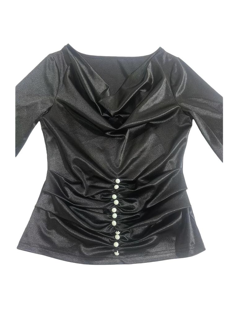 European-American Slim-Fit Satin Draped Collar Long Sleeve Shirt - Spring/Summer/Autumn Fashion