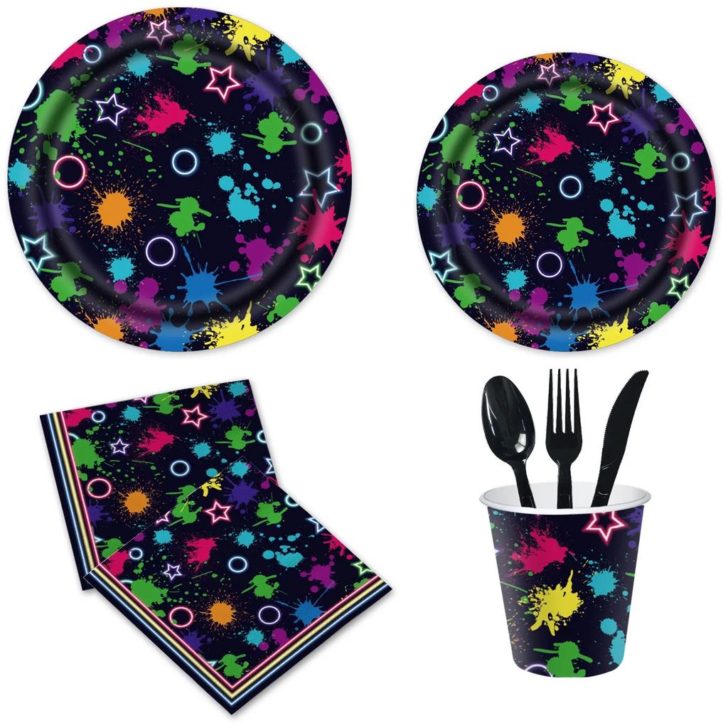 Neon Theme Party Disposable Tableware Set Colorful Graffiti Paper Plates Napkins Cups Kids Happy Neon Birthday Party Decoration