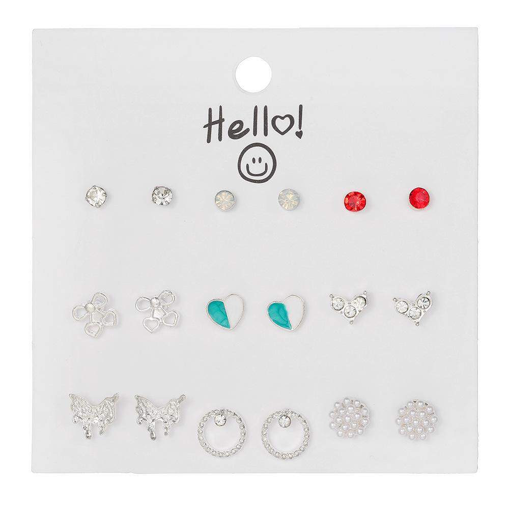 Premium 9-Pair Stud Earring Set Daily Princess Style Heart Flower Alloy Earrings for Women Ships within 18 Hours