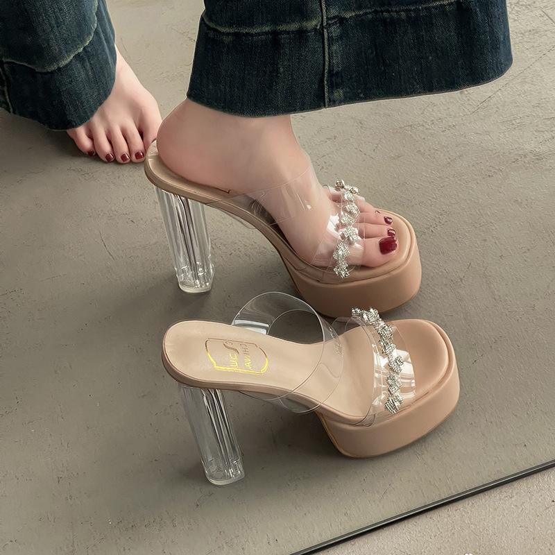 Rhinestone Word with Waterproof Table Transparent Sandals Women's Summer Wear 2025 Summer New Crystal Thick Heel Super High Heels