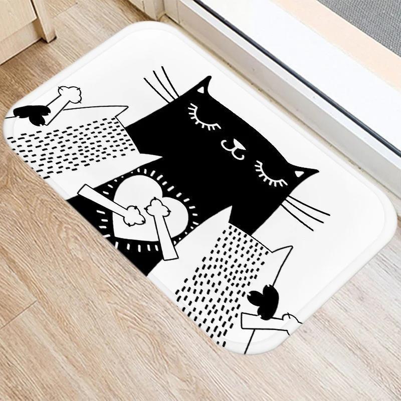 Cute Cartoon Cat Faces Carpet Black White Kawaii Minimalist Home Decoration Rug Kitchen Balcony Living Room Non-slip Floor Mat