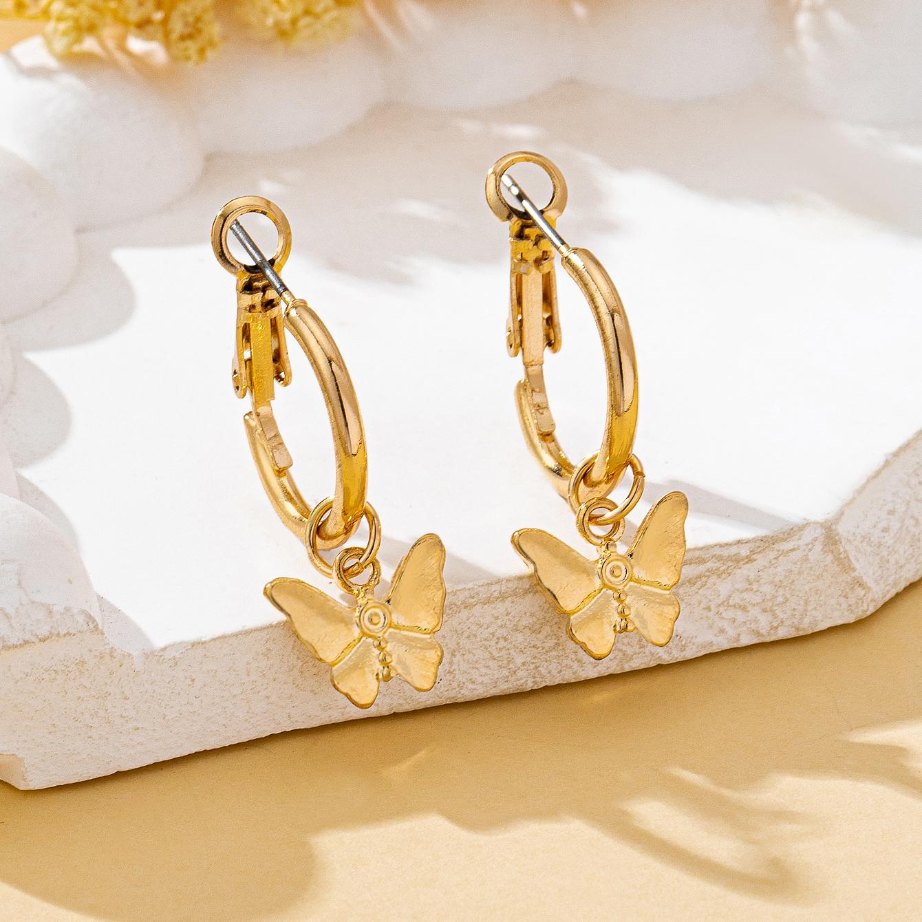 

Women s Fashionable Dangle Earrings, Stylish Sweet Style Butterfly Pendant Hoop Metal Earrings, Suitable for Daily Wear
