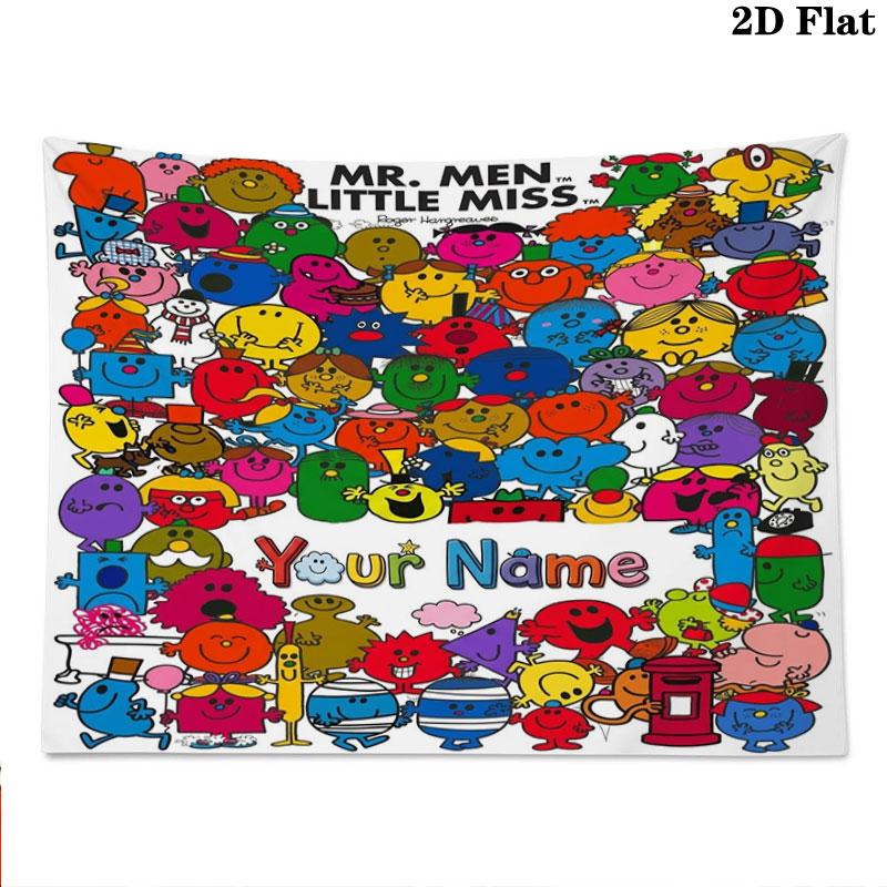 Mr. Men Little Miss Custom Name Wall Tapestry Aesthetic Wall Hanging Printed Fabric Blanket Decorative Tapestries for Bedroom Living Room Home Decor