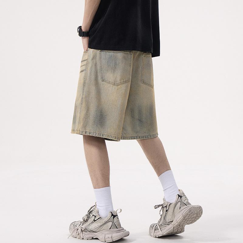 Washed Antique Ripped Straight Jeans Five-point Pants Retro Men's Summer Straight Thin Shorts