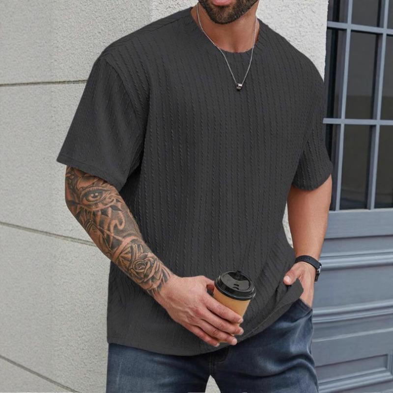 Mens Casual Solid Color Textured Short Sleeve Crew Neck T Shirt