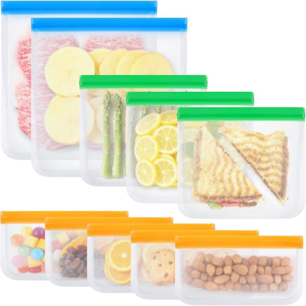 10 Pack Reble Sandwich Bags, Dishwasher Safe Food Storage Bags, Leakproof Freezer Bags for Marinate Meats, Travel, Lunch, 2 Gallon 3 Sandwich 5 Snack
