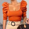 Elastic Women Top Fine Workmanship Cotton Blend Half Puff Sleeve Short T-shirt for Daily