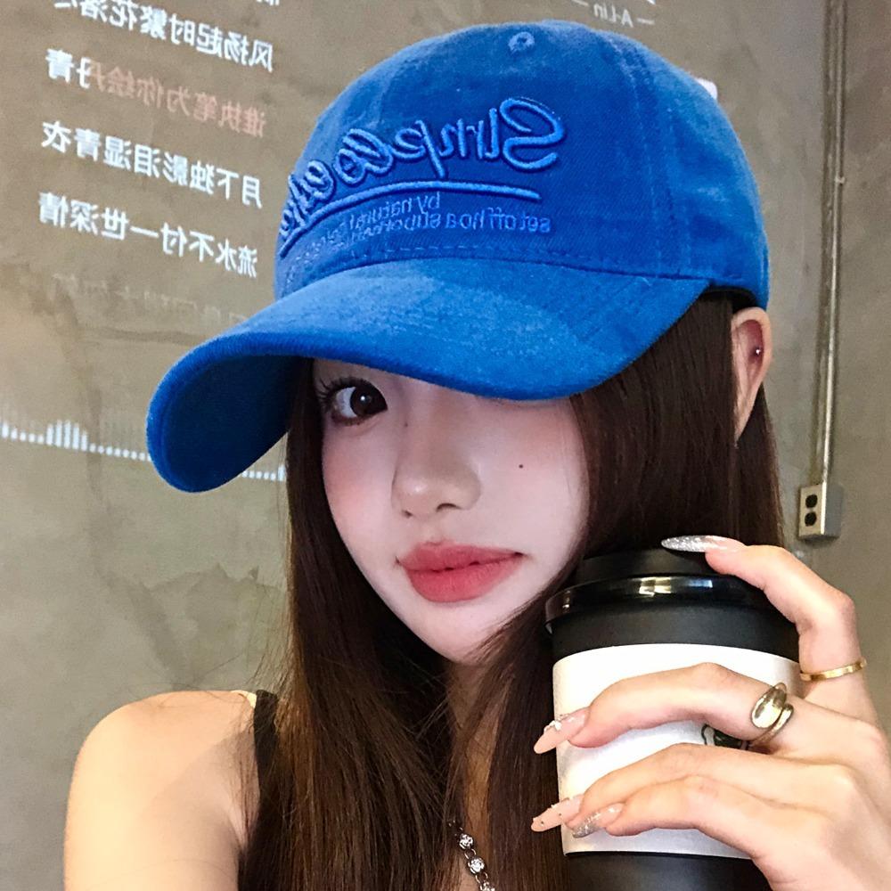 Vintage Letter Embroidered Blue Baseball Cap Wide Brim Large Head Size Face Slimming Korean Style Sun Visor Peaked Hat For Women