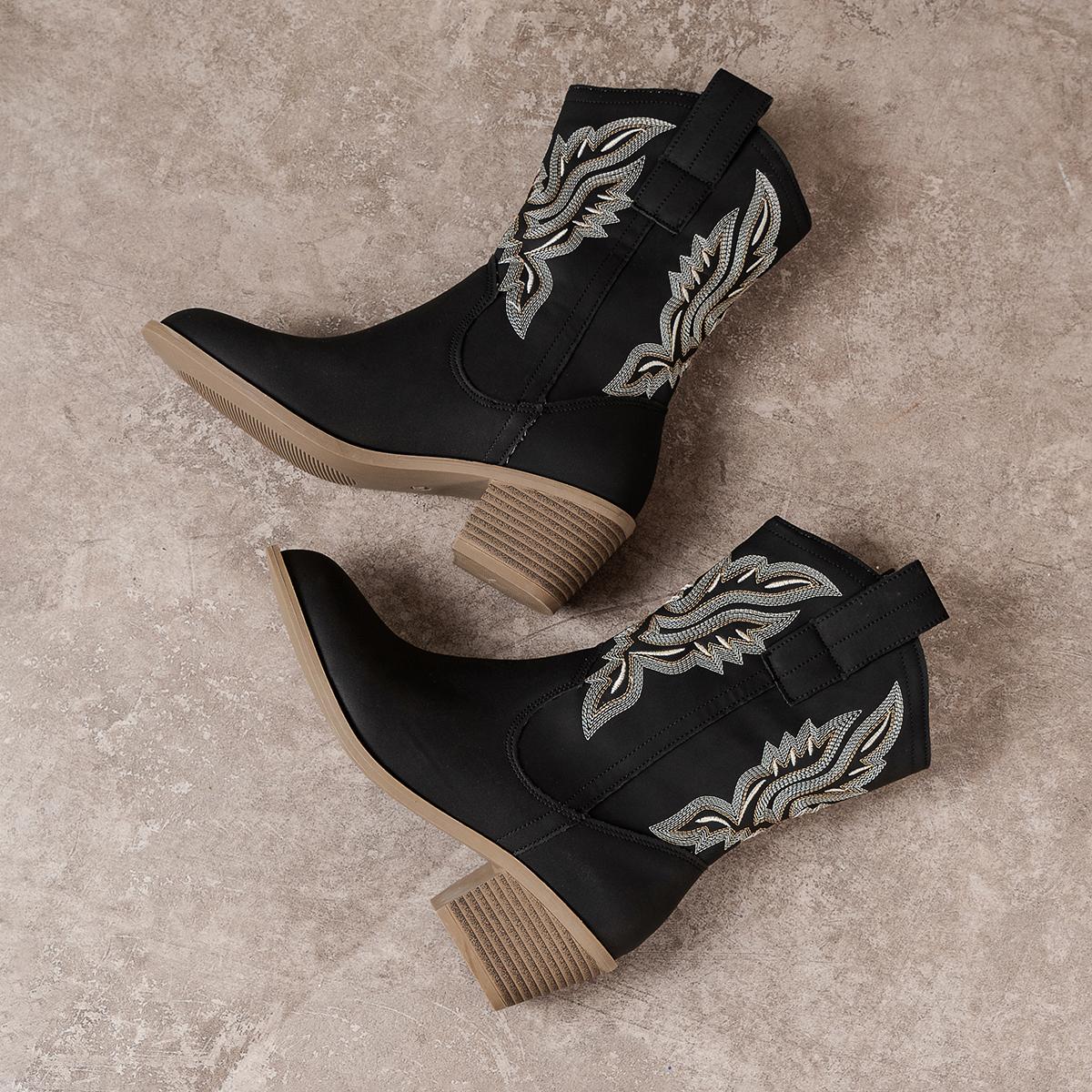 

Женские ковбойские сапоги для девочек на толстом каблуке, ретро-панк-сапоги в стиле вестерн, вышитые туфли, кожаные сапоги до середины икры для женщин 36