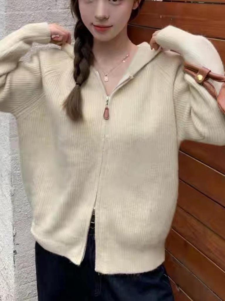 Women's Loose Fit Double Zipper Hooded Knit Cardigan - Cashmere Sweater for Autumn & Winter